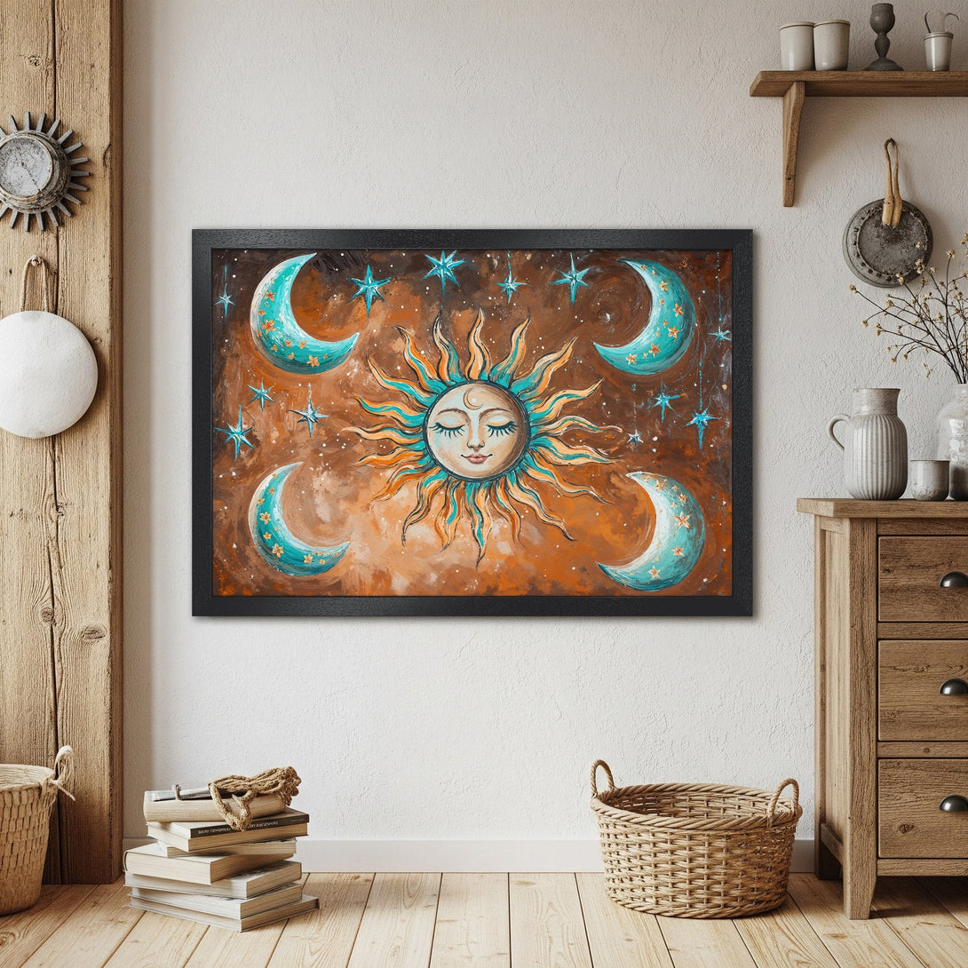 Framed Poster featuring a celestial sun and moon design in a boho style with a warm, earthy color palette.