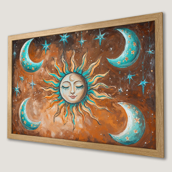 Framed Poster featuring a celestial sun and moon design in a bohemian style with a warm brown and teal color palette.
