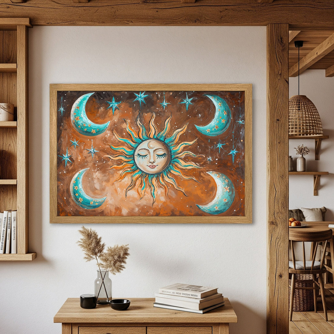 Framed Poster featuring a celestial sun and moon design with a warm, earthy color palette. Perfect for boho home decor.