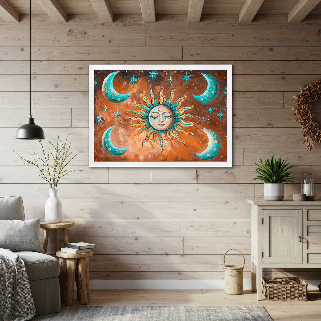 Framed Poster featuring a celestial sun and moon design in boho style with orange, teal, and brown tones. Perfect wall art!