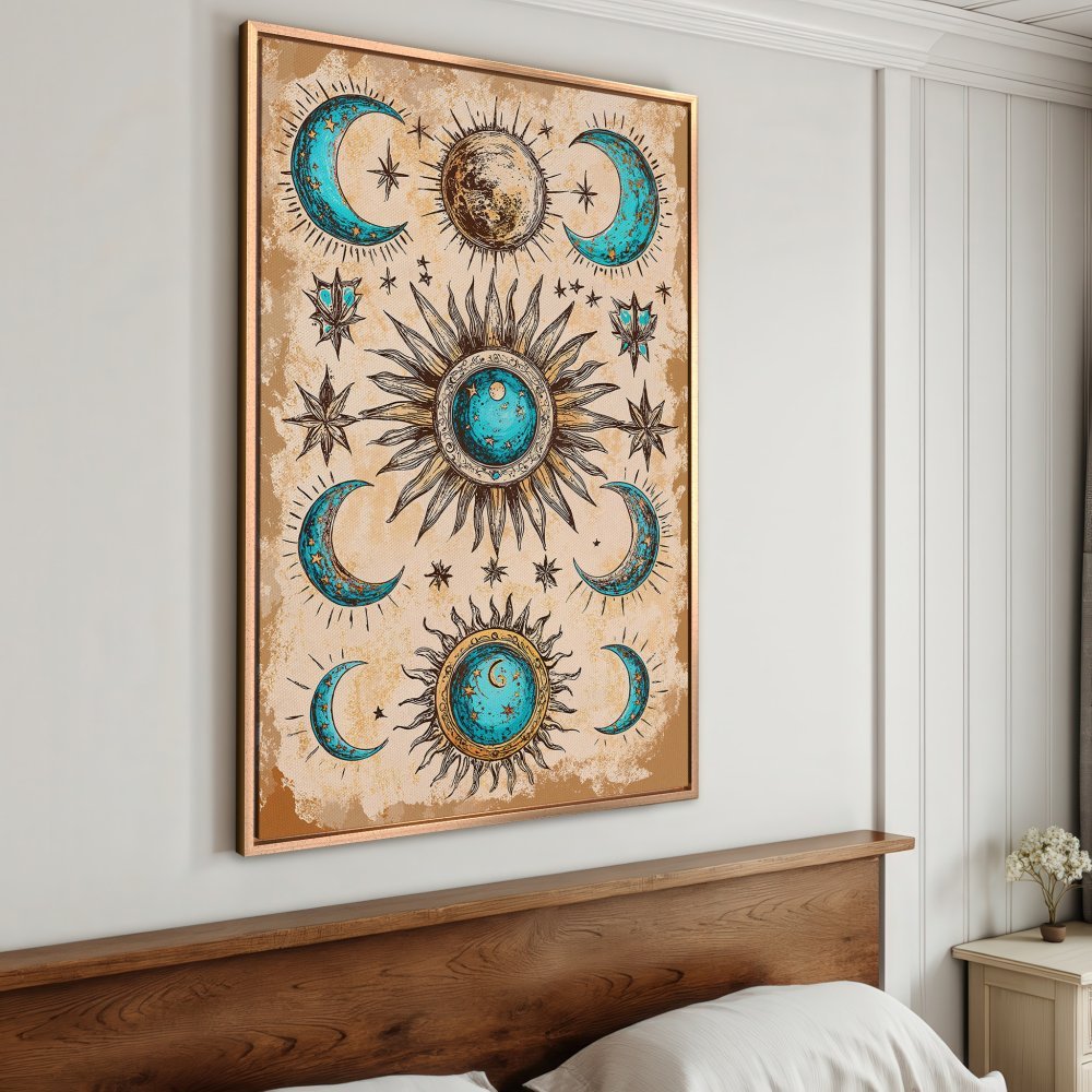 Framed Wall Art: Celestial sun and moon illustration in teal and gold, vintage style. Perfect for boho bedroom decor.