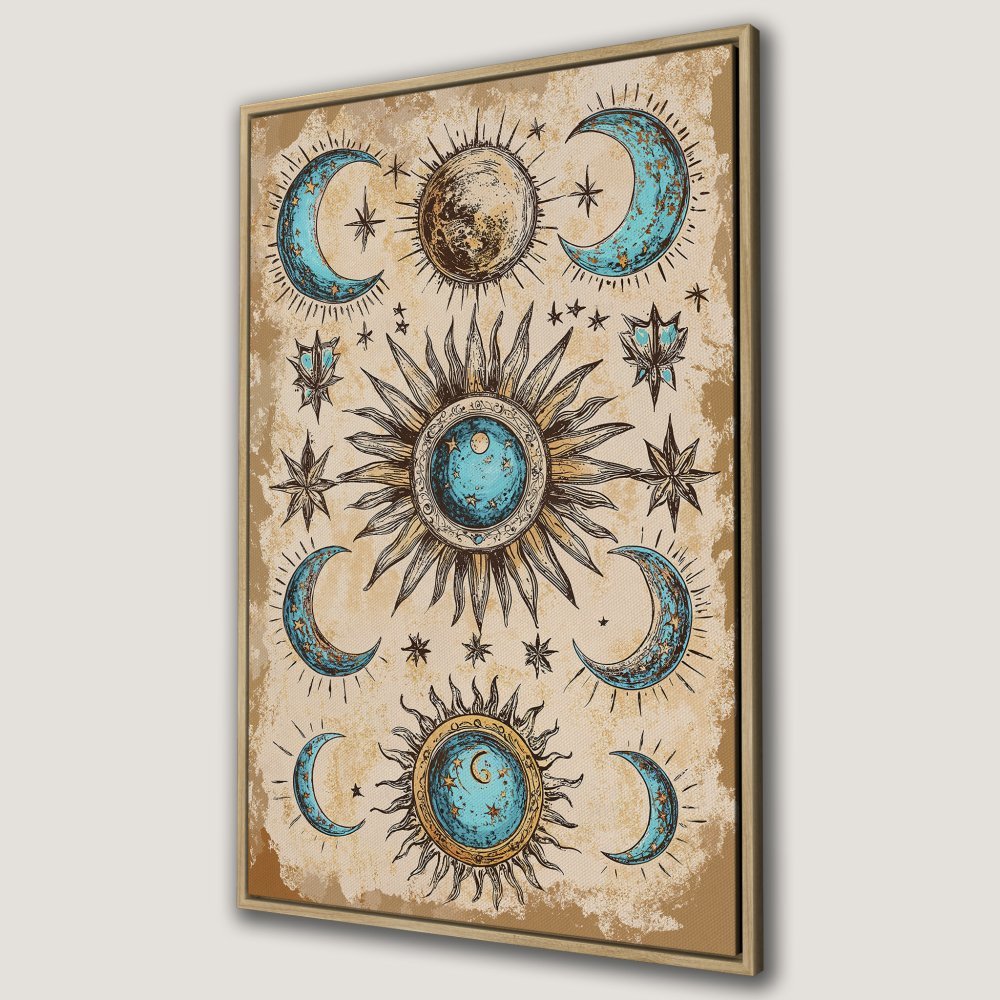 Canvas Print featuring celestial sun and moon art in teal and brown tones, perfect for bohemian home decor.