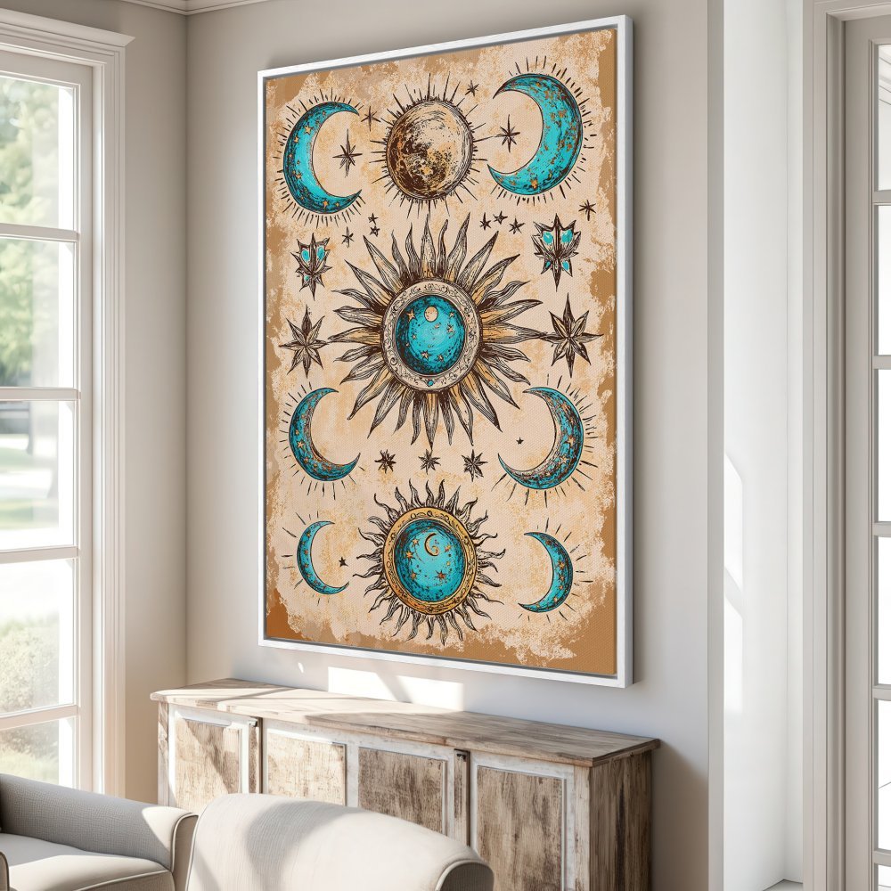 Framed Wall Art featuring celestial design. Vintage style Canvas Print with suns, moons, and stars in teal and gold tones. Perfect home decor.