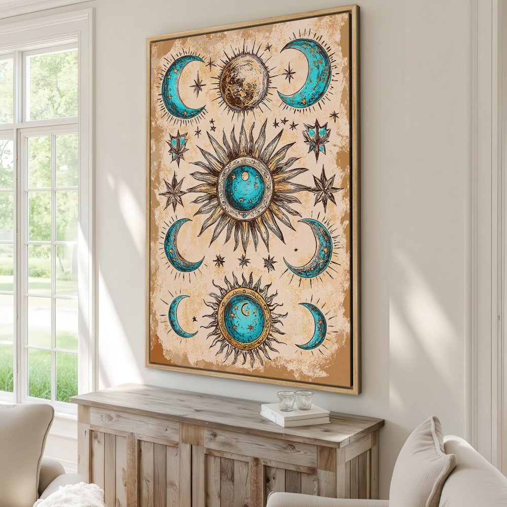 Canvas Print featuring celestial sun and moon art in teal and gold, perfect for bohemian home decor.