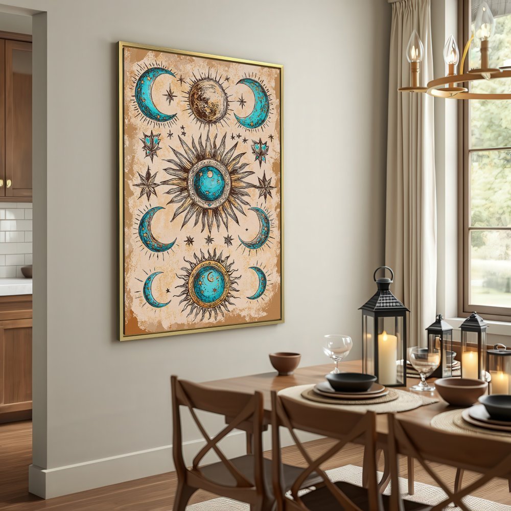Celestial Canvas Print with sun, moon, and stars in teal and gold. Boho wall art for a stylish home.