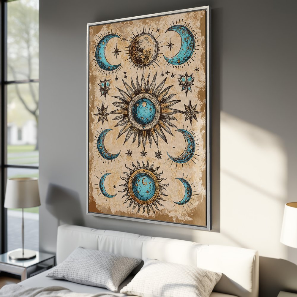 Framed Wall Art: Celestial design Canvas Print in teal & beige. Boho style sun, moon & stars art for bedroom decor.
