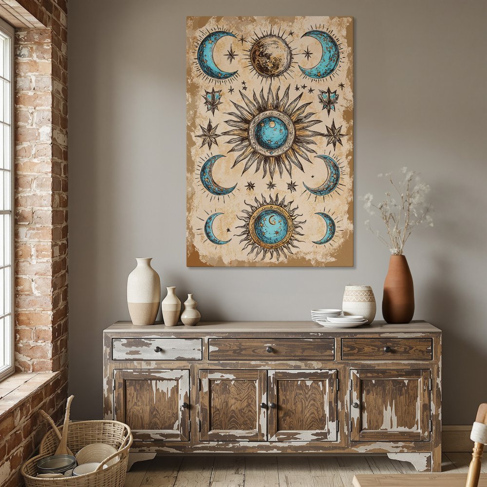 Framed Wall Art: Celestial sun and moon design in teal and gold. Boho style canvas print for dining room decor.