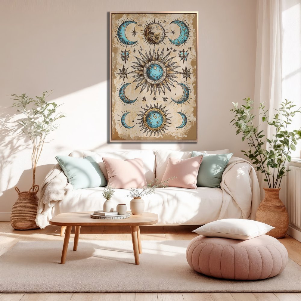 Framed Wall Art featuring a celestial sun and moon design. Vintage style with a warm, neutral color palette. Perfect for boho home decor!