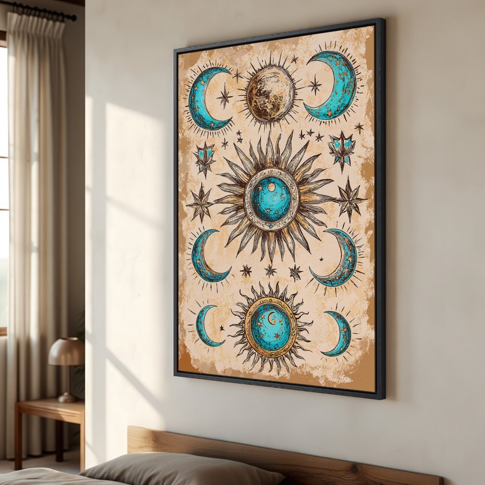 Framed Wall Art Canvas Print featuring celestial sun and moon design in teal and gold. Perfect for boho bedroom decor.