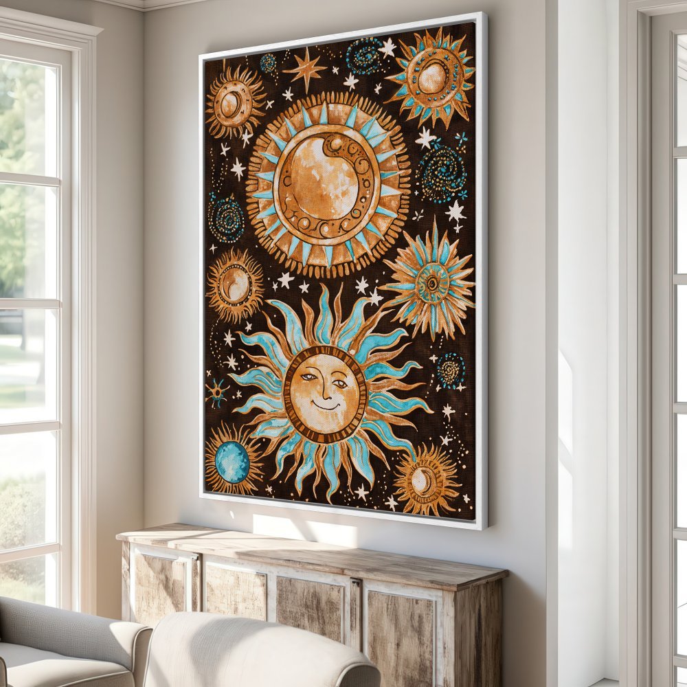 Framed Wall Art: Bohemian sun and moon canvas print with a warm, earthy palette. Add celestial charm to your space!
