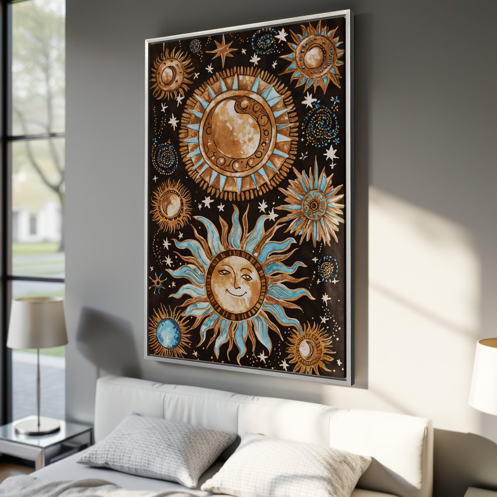 Framed Wall Art: Celestial sun and moon design in boho style. Earthy tones with pops of blue. Perfect bedroom decor.