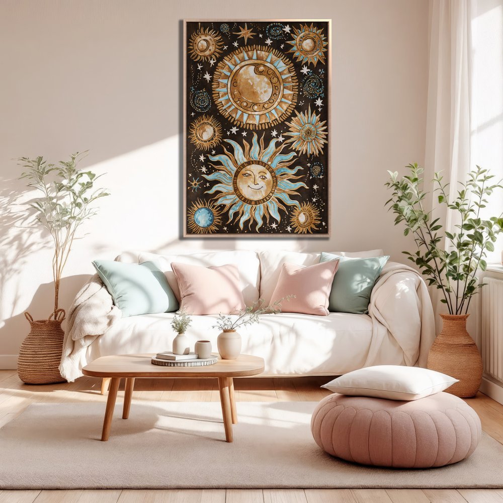 Framed Wall Art: Celestial sun and moon illustration in boho style. Earthy tones with pops of blue, perfect for living room decor.