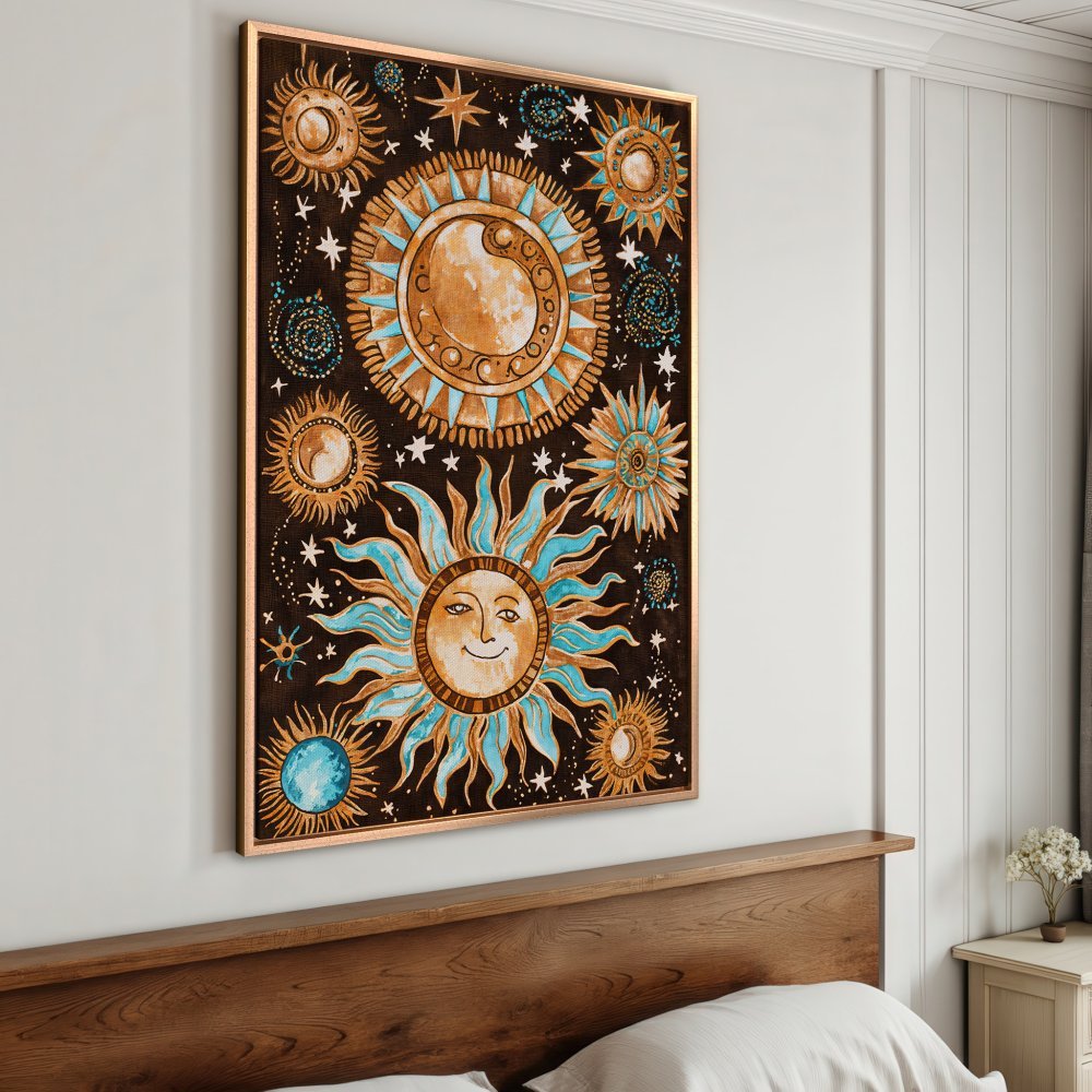 Framed Wall Art: Celestial sun and stars illustration in boho style, featuring a warm brown, teal, and gold color palette. Perfect for adding a touch of whimsy!