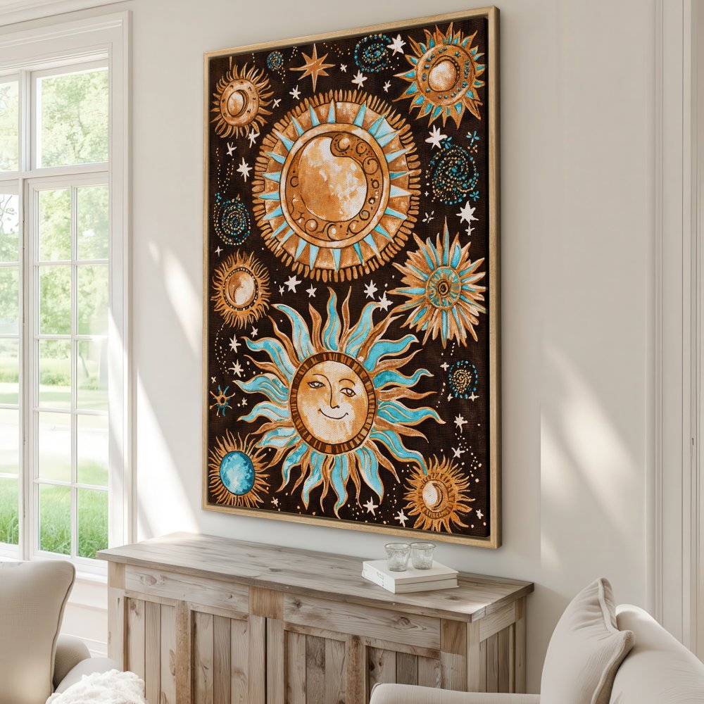 Framed Wall Art featuring a celestial sun design in boho style. Earthy tones of brown, gold, and turquoise create a warm, inviting space.