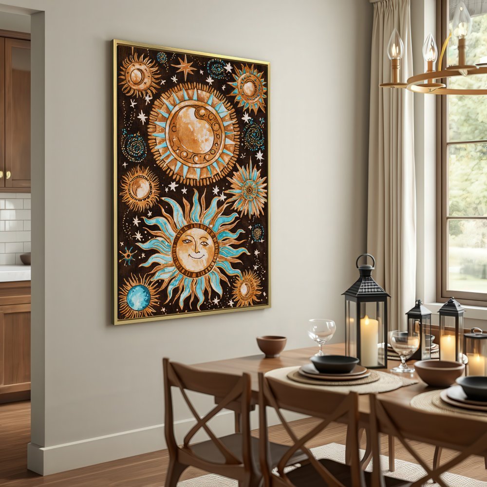 Celestial Canvas Print featuring a whimsical sun and moon design in warm earth tones with pops of blue, perfect for boho decor.