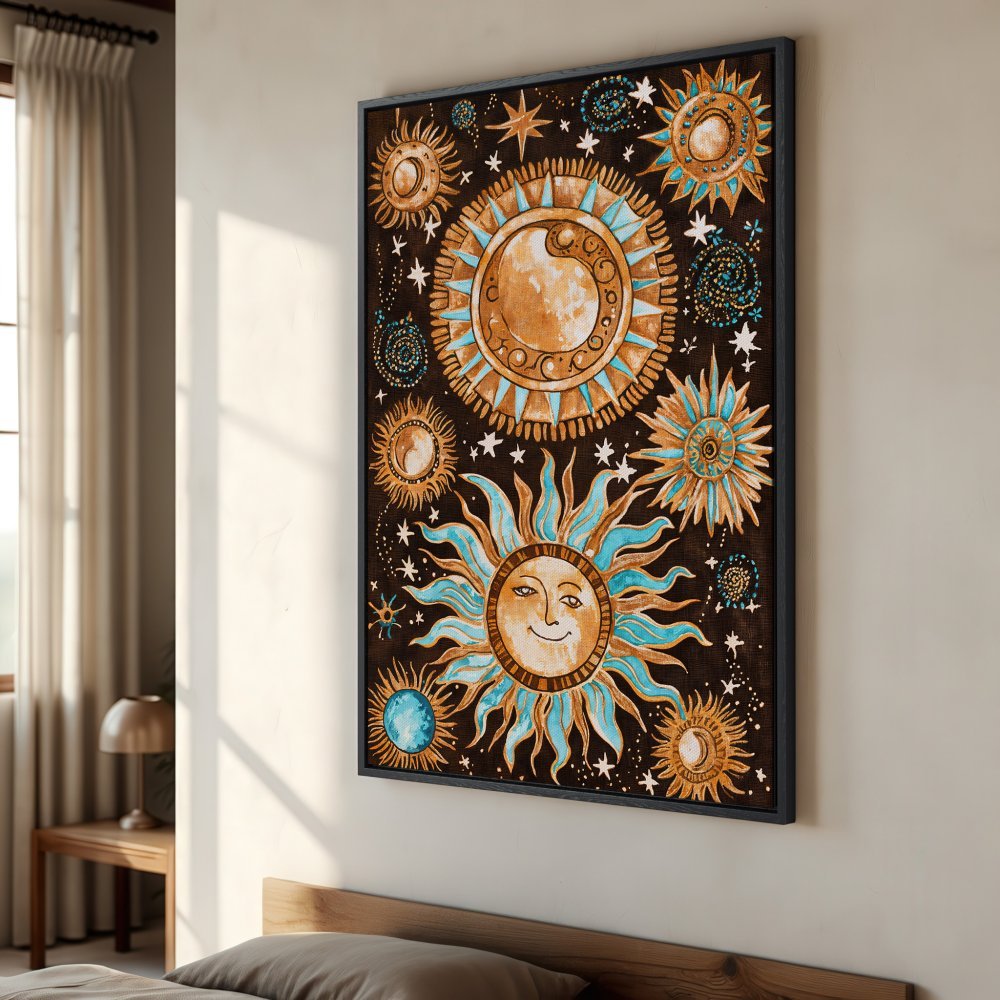 Framed Wall Art: Celestial sun and star design in warm brown, gold, and teal. Bohemian style Canvas Print adds a unique touch to any space.