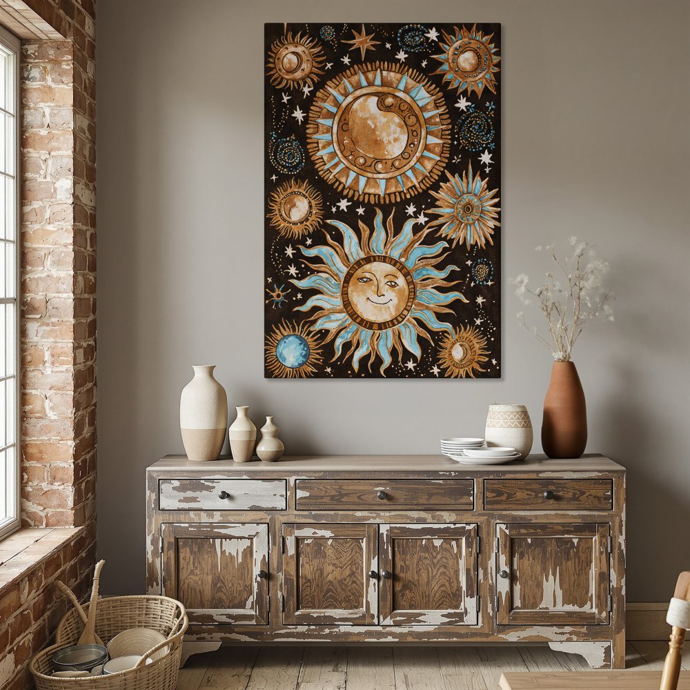 Framed Wall Art: Celestial sun and moon design in warm earth tones and turquoise. Perfect for boho decor.