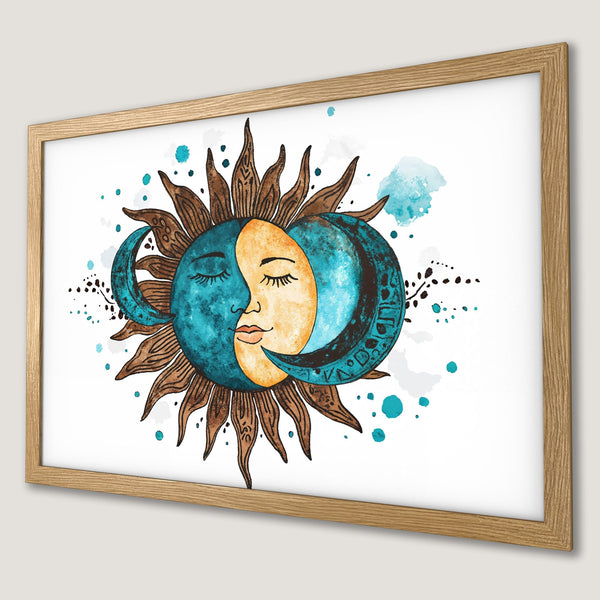 Framed Poster featuring a watercolor sun and moon design in teal, brown, and yellow. Perfect wall art for a boho aesthetic.