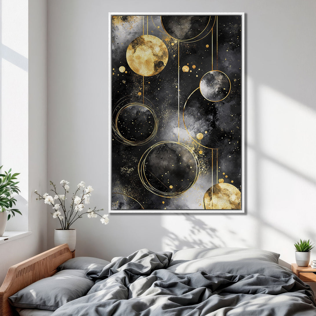 Framed Wall Art featuring an abstract celestial design in black, gold, and gray. Modern art for bedroom decor.