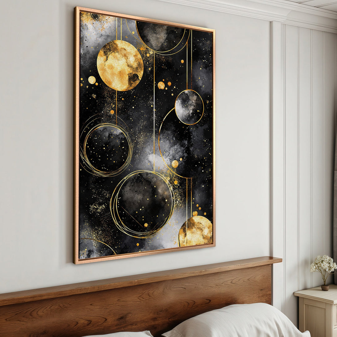 Framed Wall Art: Abstract black and gold celestial design. Modern canvas print with a luxurious gold and black color palette, perfect for bedroom decor.