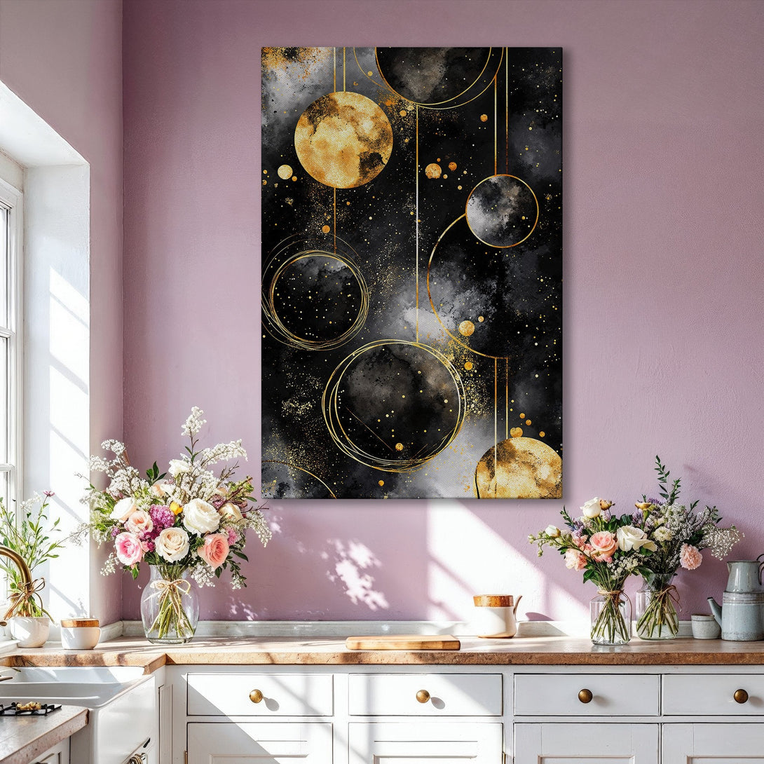 Framed Wall Art: Abstract gold and black celestial design. Modern art print with a luxurious, sophisticated vibe in a living room setting.