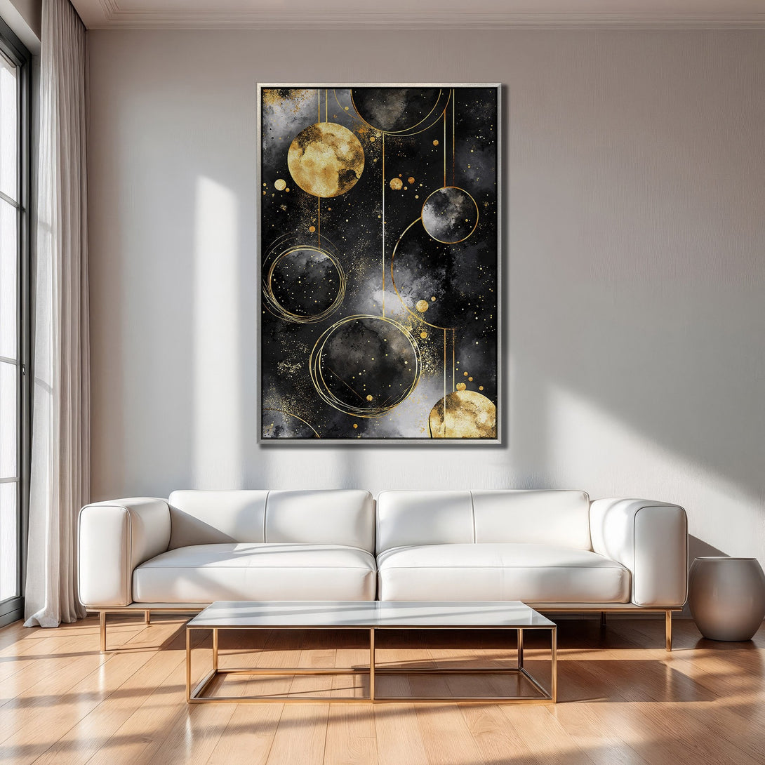 Framed Wall Art featuring a modern abstract design with gold and black accents. Perfect for living room decor.