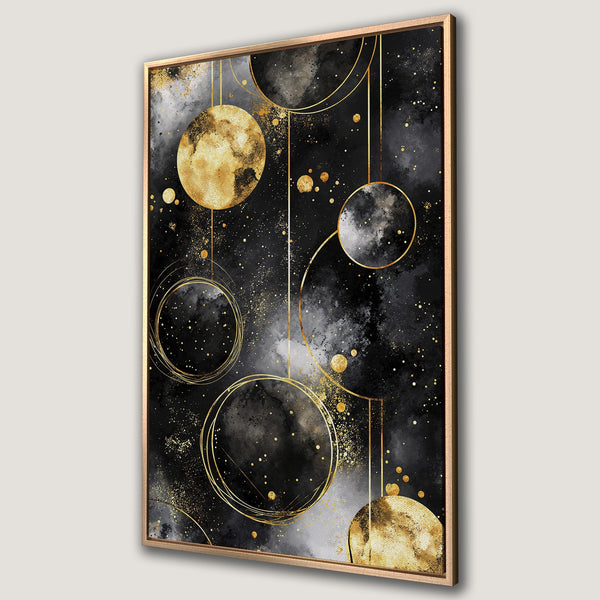 Framed Wall Art: Abstract celestial design in black, gold, and gray. Modern canvas print featuring moon and star elements. Perfect for stylish home decor.