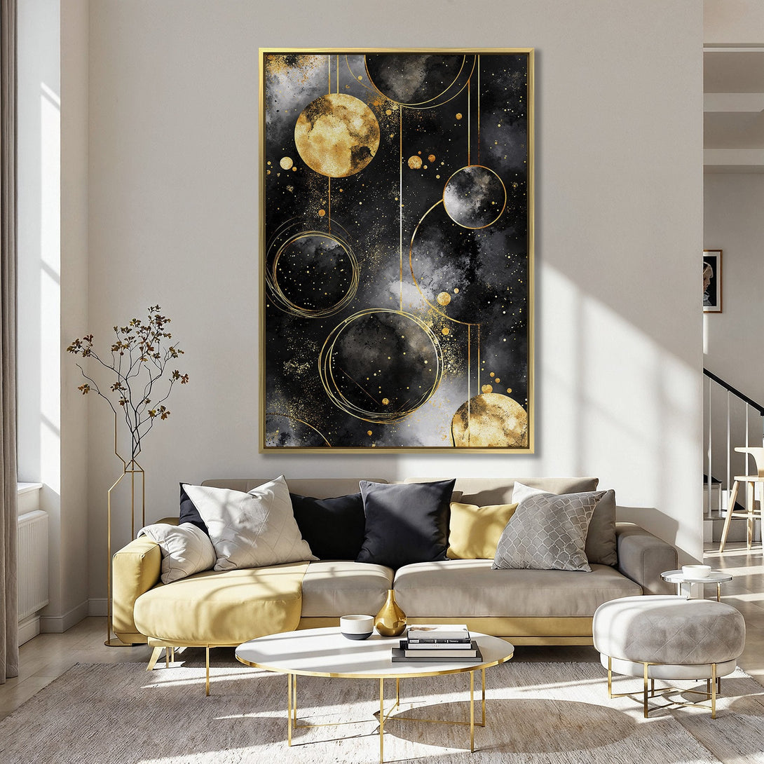 Canvas Print featuring an abstract gold and black celestial design. Modern wall art with a luxurious, cosmic feel. Perfect for adding a touch of elegance.