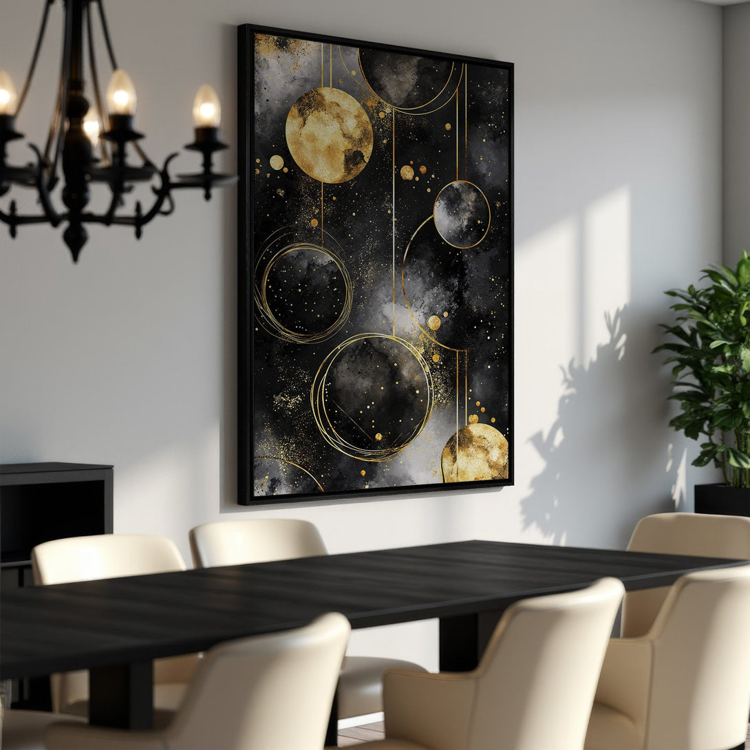 Framed Wall Art: Abstract celestial design in black, gold, and gray. Modern art canvas print adds a touch of elegance to any space.