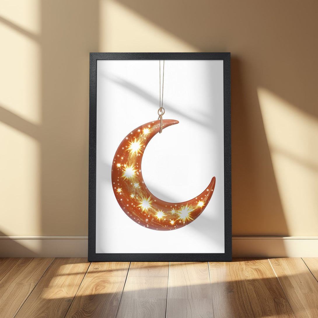 Framed Poster featuring a celestial crescent moon with stars, warm orange and gold tones, perfect for adding a touch of magic to your space.