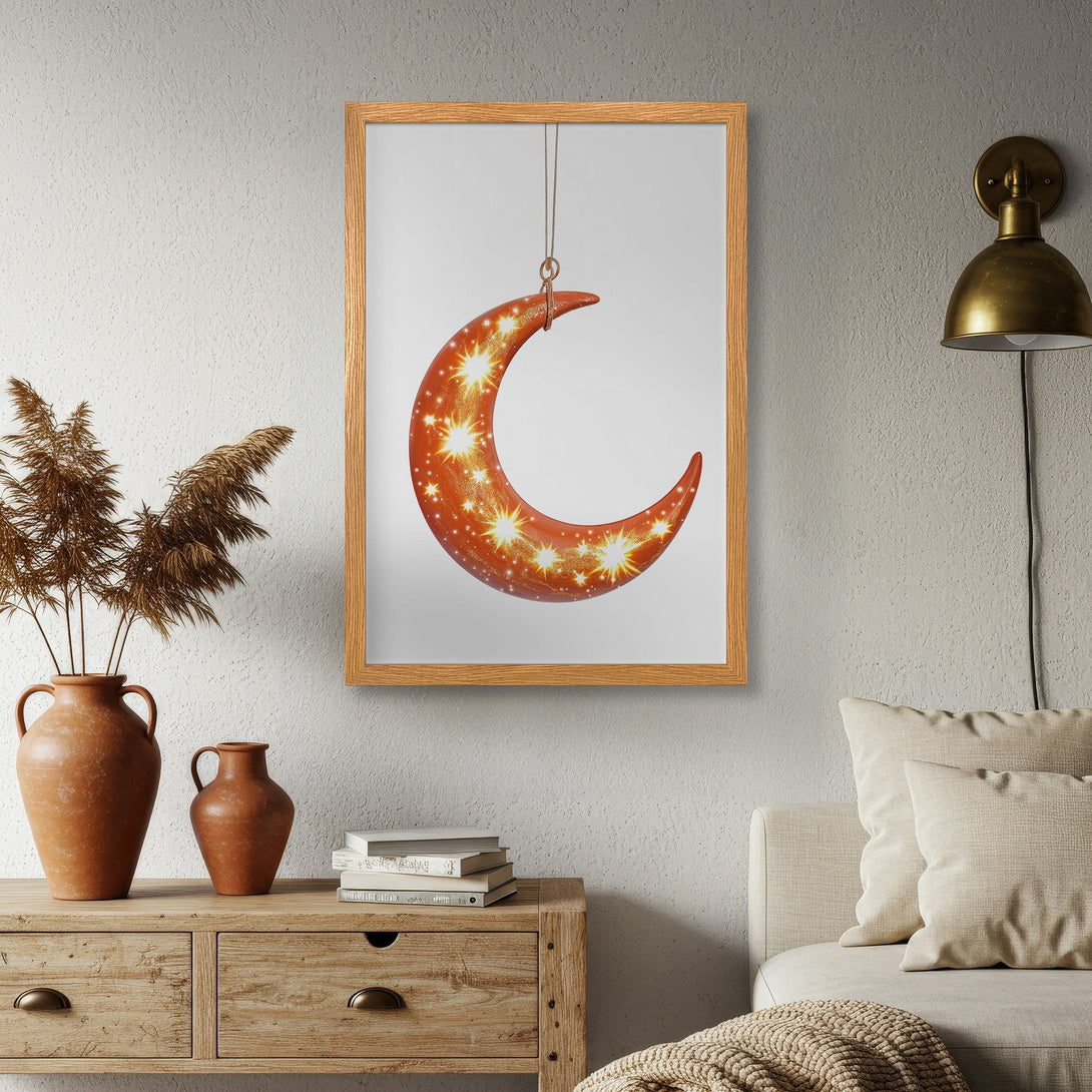 Framed Poster featuring a celestial moon design in warm orange and gold tones, perfect for adding a touch of magic to your space.