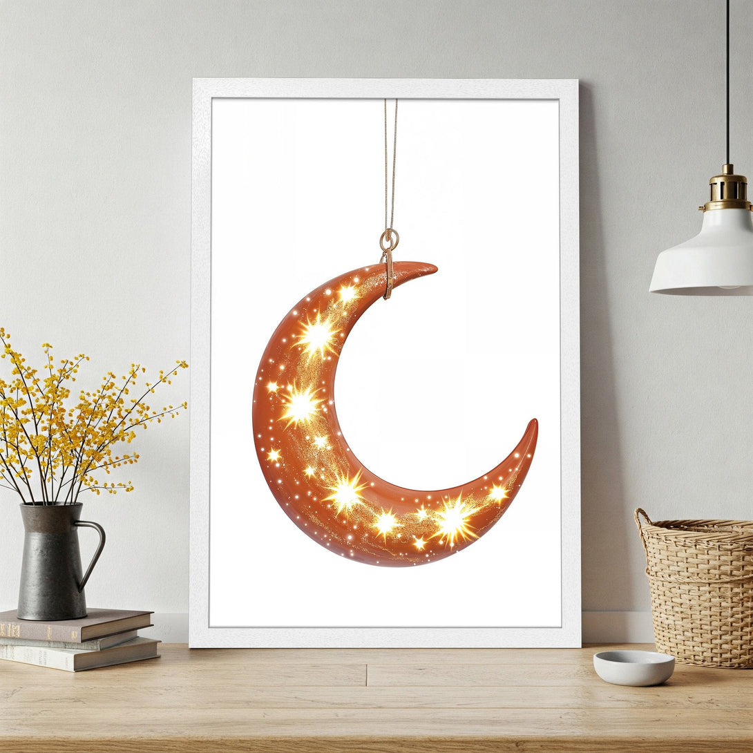 Framed Poster featuring a celestial moon design with warm orange and gold tones. Modern art for home decor.