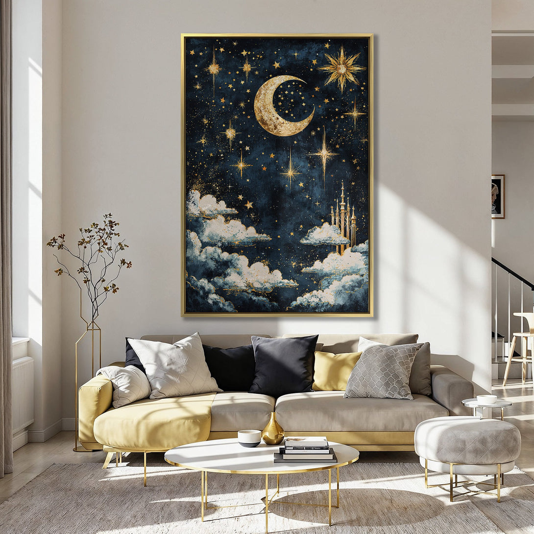 Canvas Print featuring a celestial night sky with a moon and stars. Dark blue and gold palette, dreamy, artistic style. Perfect wall decor.
