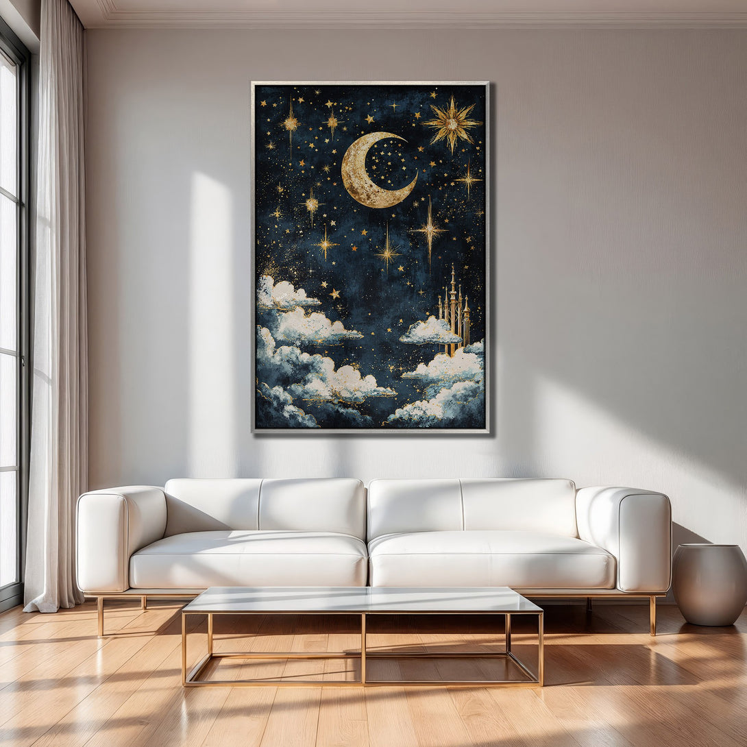 Framed Wall Art: Celestial night sky Canvas Print with gold accents. Dreamy aesthetic, dark blue & gold color palette. Perfect for living room decor.