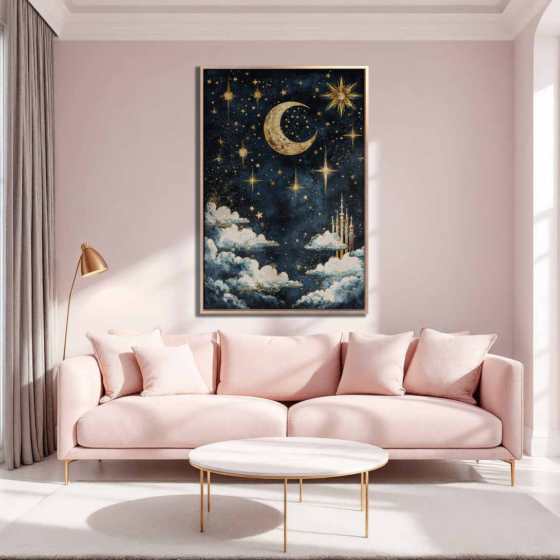 Framed Wall Art: Celestial moon & stars art in gold & navy blue. Elegant canvas print adds a touch of whimsy to any space. Soft pink interior.