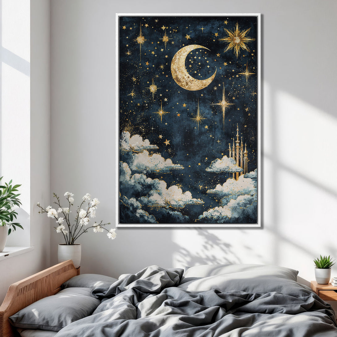 Framed Wall Art: Celestial night sky Canvas Print with moon and stars, in a dreamy, watercolor style with navy and gold tones. Perfect bedroom decor!