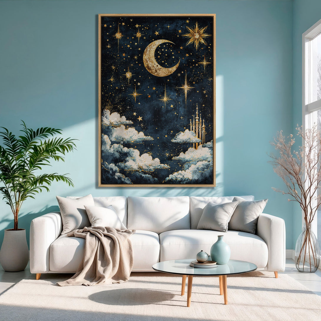 Framed Wall Art: Celestial moon and stars canvas print in a dreamy, gold and navy blue palette, perfect for adding a touch of magic to your home decor.