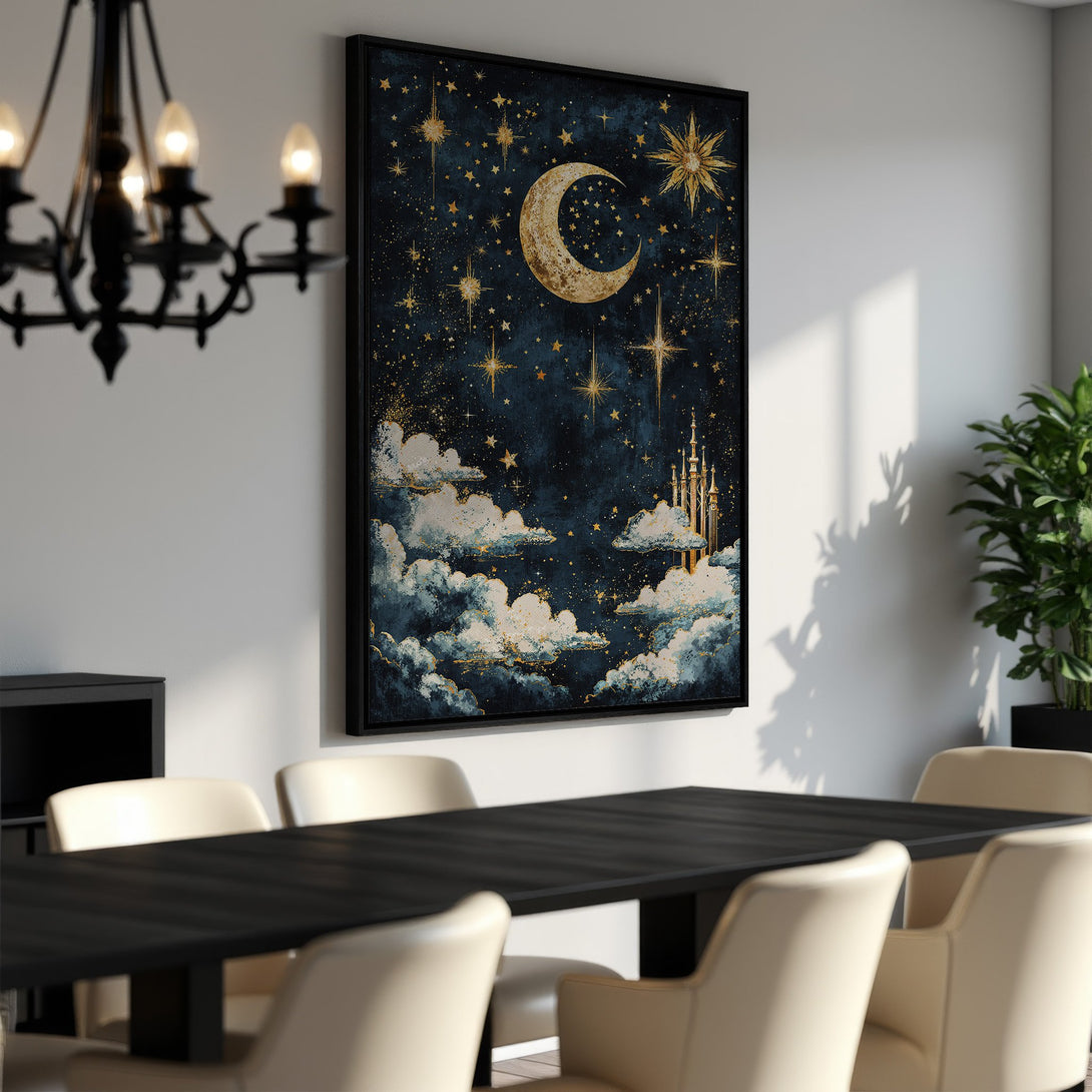 Framed Wall Art: Celestial night sky canvas print with moon and stars in a dreamy watercolor style. Dark blue and gold color palette, perfect for any room.