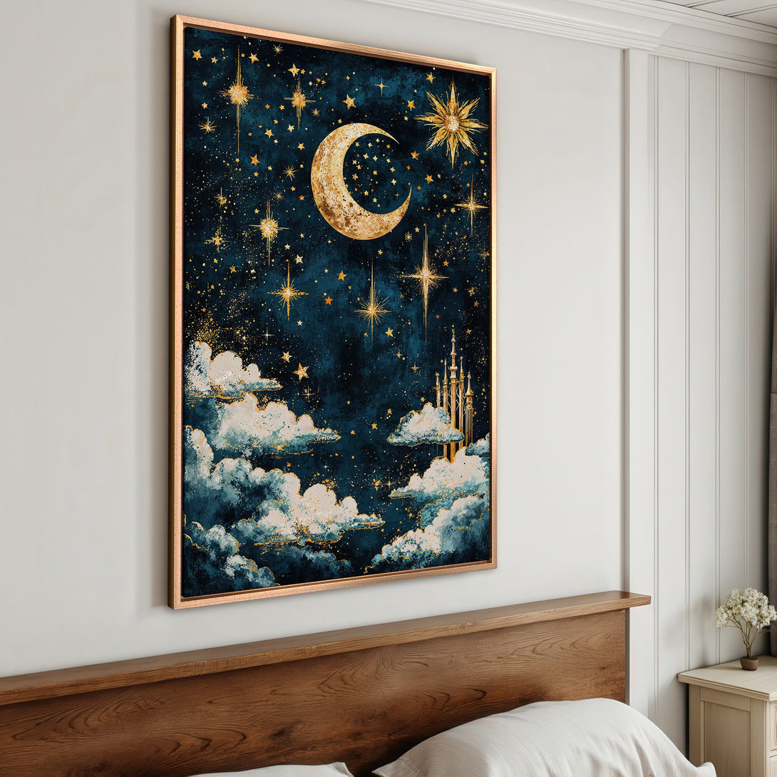 Framed Wall Art: Celestial moon and stars canvas print in a dreamy, whimsical style. Dark blue and gold color palette, perfect for bedroom decor.