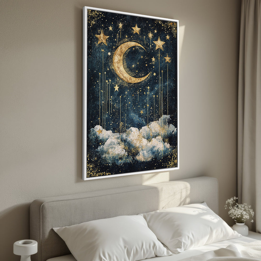 Framed Wall Art: Celestial moon and stars canvas print in a bedroom. Dark blue, gold, and white color palette. Perfect for modern decor.
