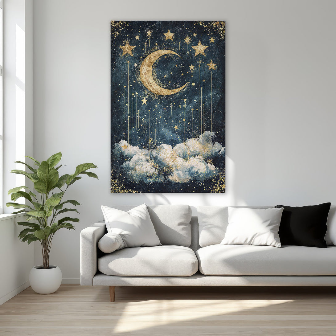 Framed Wall Art featuring a celestial moon and stars design in a luxurious gold and navy color palette. Perfect for bedroom decor.