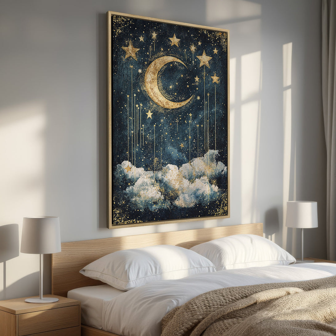 Framed Wall Art: Celestial moon and stars canvas print in a bedroom. Dark blue and gold color palette, perfect for a dreamy, modern aesthetic.