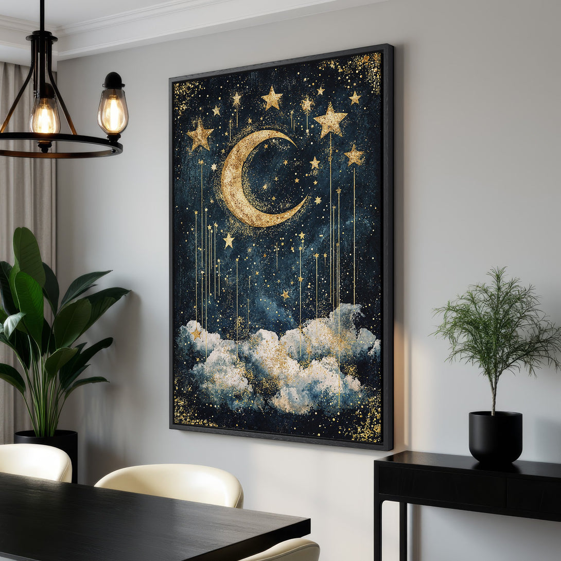 Framed Wall Art featuring a celestial design with a gold moon and stars on a dark blue canvas. Modern style, perfect for adding a touch of elegance.