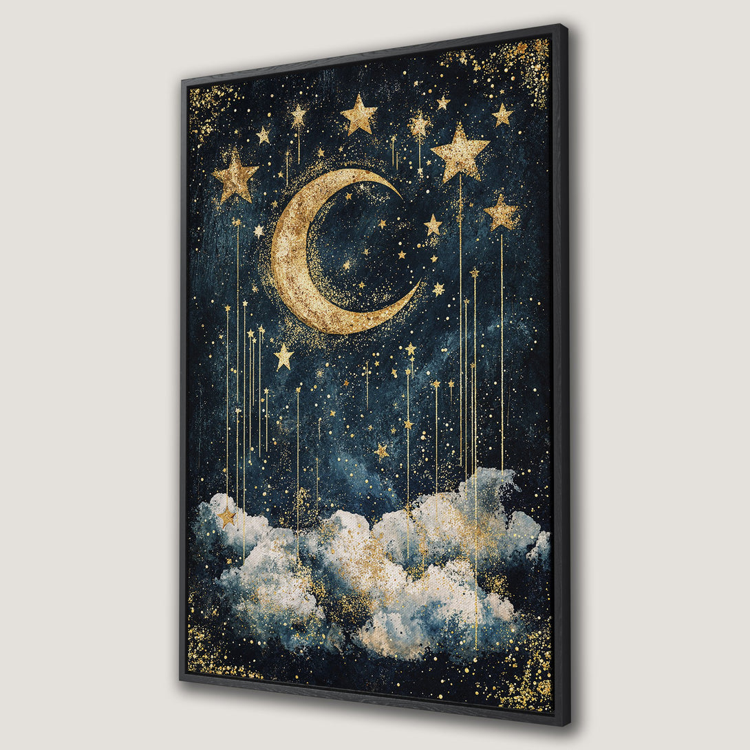 Framed Wall Art featuring a celestial design with a gold moon and stars against a dark blue background. Perfect for adding a touch of magic to your space.