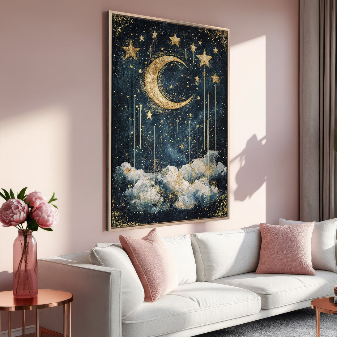 Framed Wall Art: Celestial moon and stars canvas print in gold and navy blue, perfect for adding a touch of magic to your home decor.