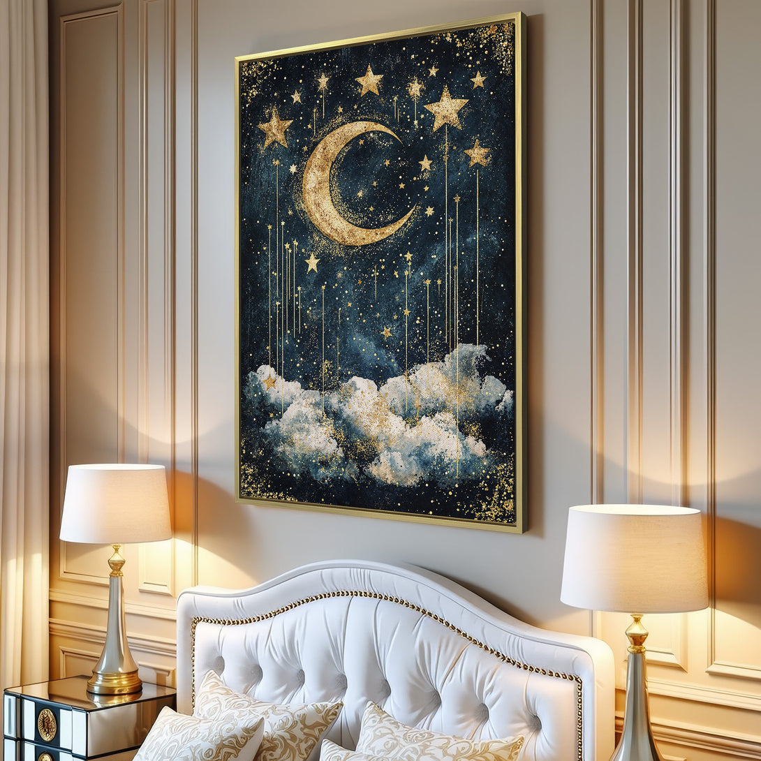 Canvas Print of a celestial moon and stars art piece in a dreamy, abstract style with a navy and gold color palette.