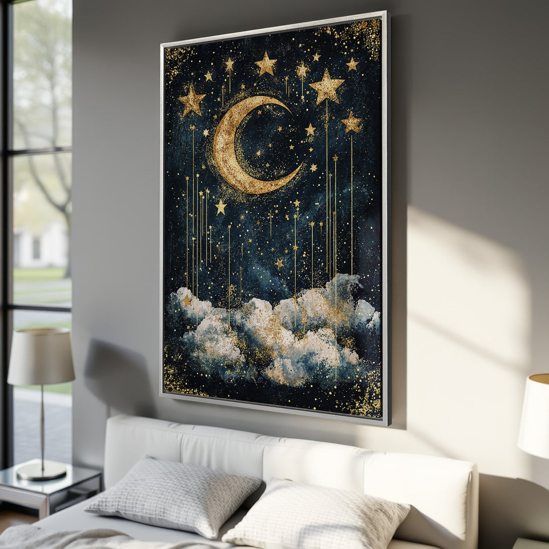 Framed Wall Art: Celestial moon and stars art print in navy, gold, and white. Perfect for bedroom decor, this canvas print adds a touch of magic!