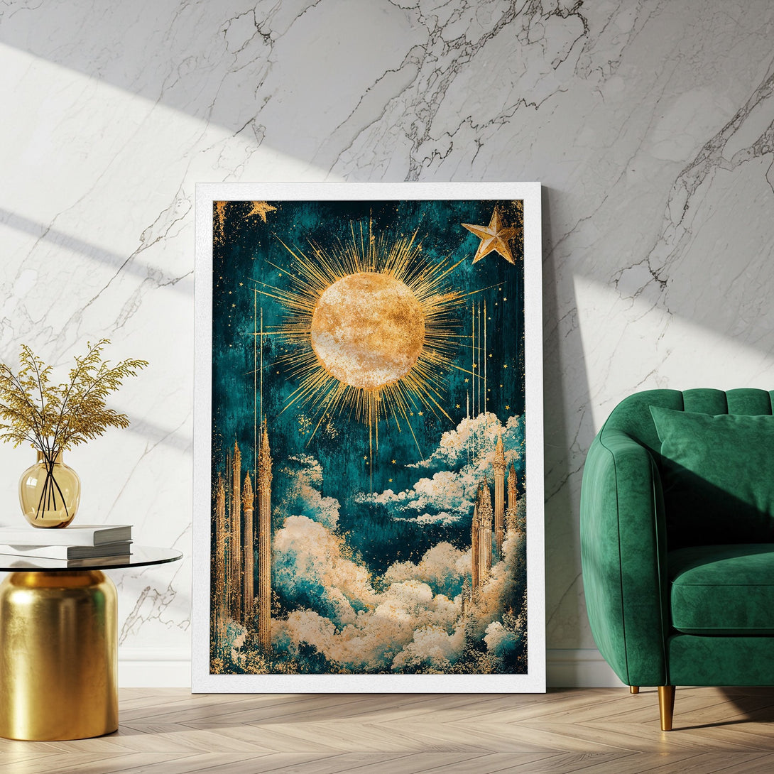 Framed Poster featuring a celestial sun and stars, artistic style, teal and gold color palette. Add a touch of magic to your space!