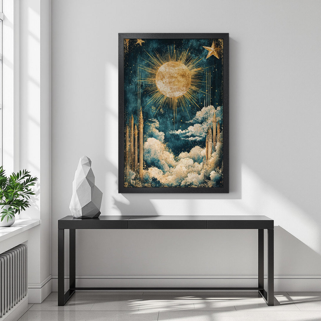 Framed Poster featuring a celestial design with a sun, stars, and clouds. The artwork has a vintage style with a teal and gold color palette.