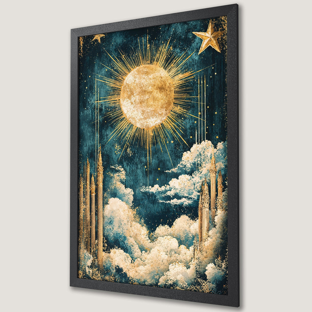 Framed Poster featuring a celestial sun and golden stars in a mystical style with a teal and gold color palette. Perfect wall art!